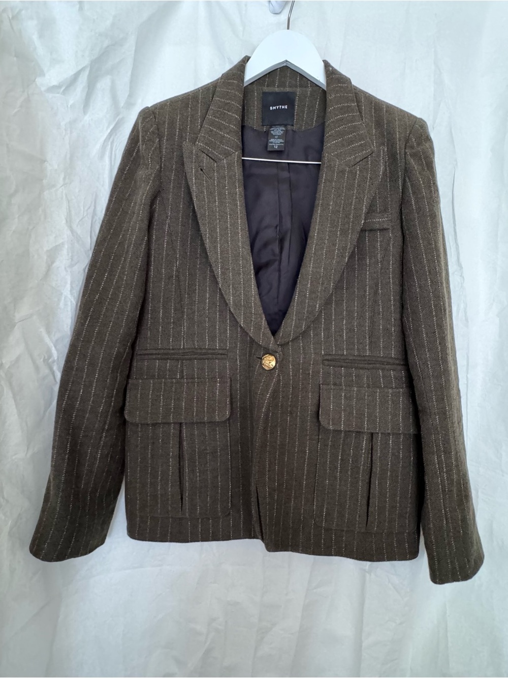 Smythe:Olive Green:Pinstripe Wool Blend Blazer:Size 12
